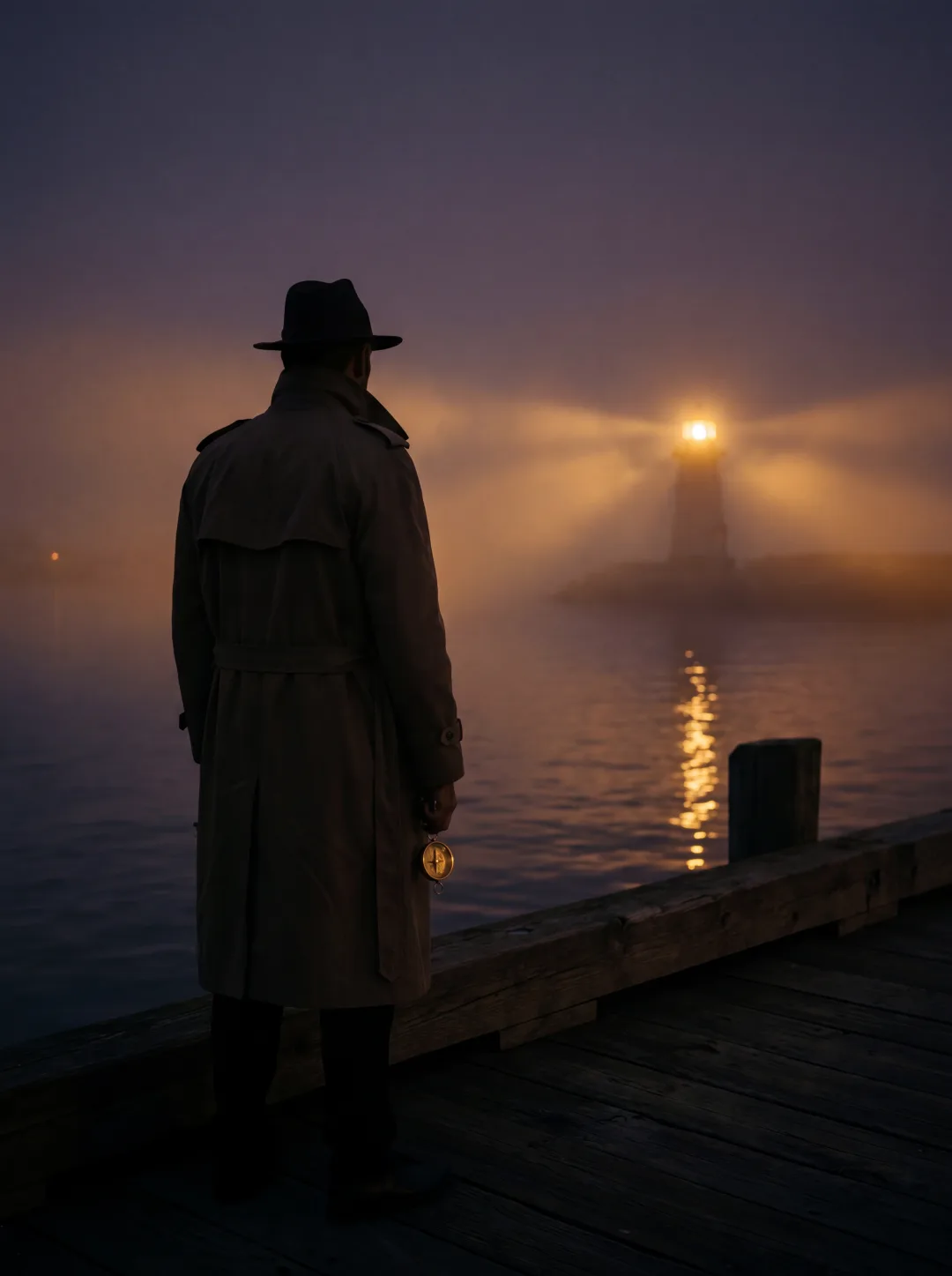 Silhouette am Pier mit Kompass vor Leuchtturm