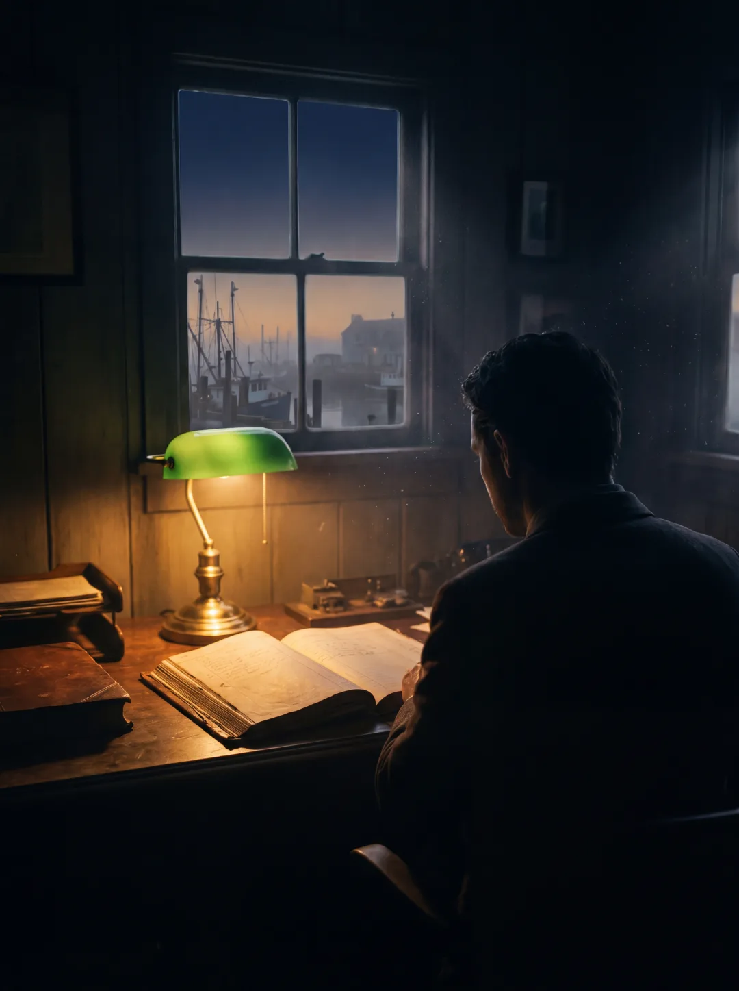Silhouette am Schreibtisch mit Buch und grüner Lampe